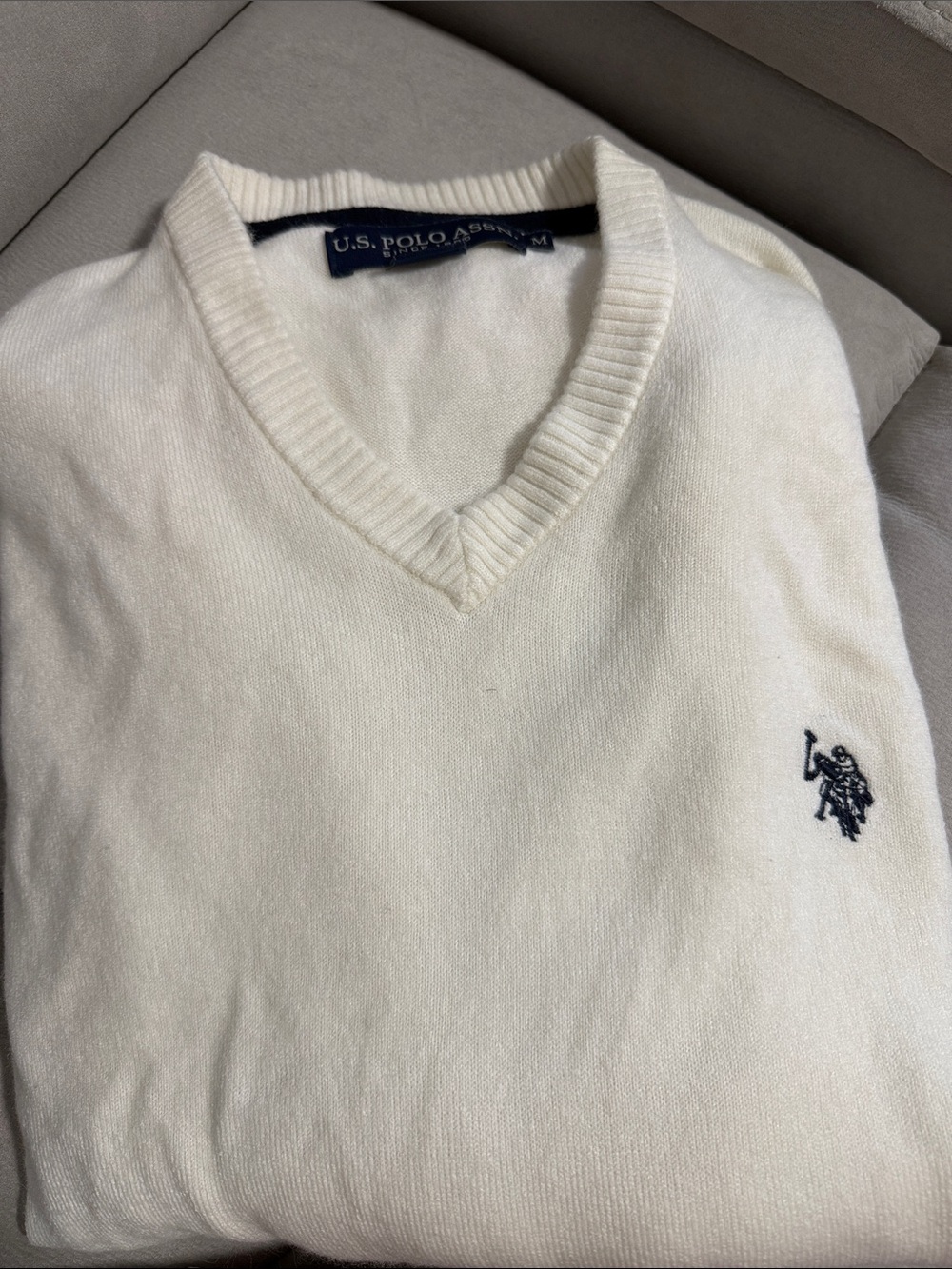 U.S. Polo Assn. Men's Cream V-Neck Sweater with Navy Polo Emblem